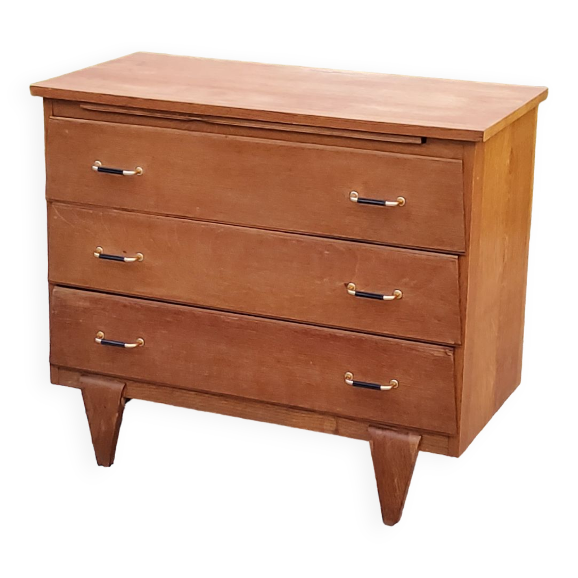 Vintage chest of drawers in golden oak from the 50s with 3 drawers and spindle-legged shelf