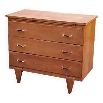 Vintage golden oak chest of drawers from the 50s 3 drawers, spindle feet shelf