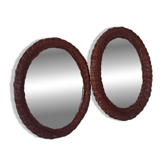 Set of 2 round woven rattan mirrors — vintage bohemian style
