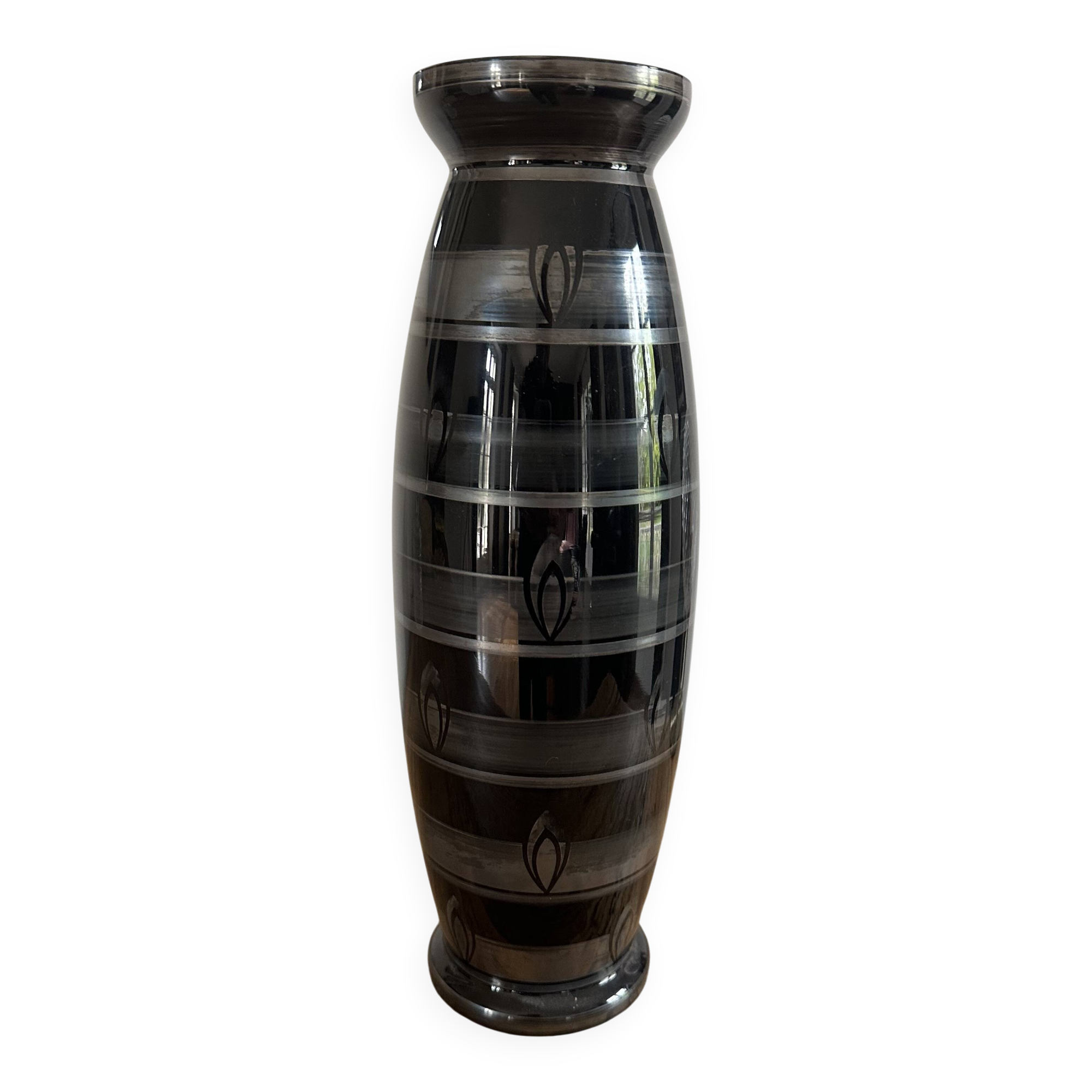 Vase art déco en verre noir et argent  signé hem    années 30