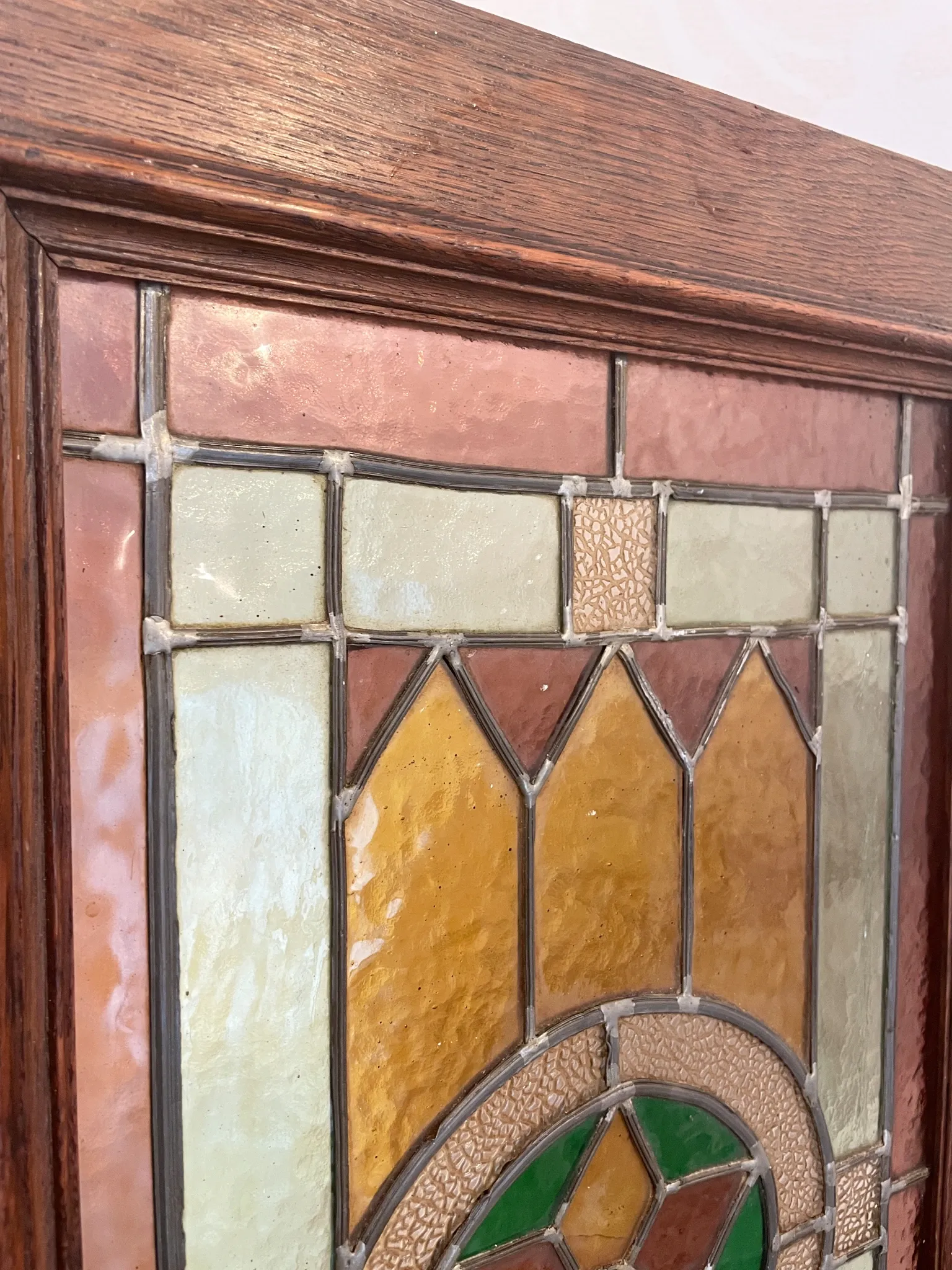 Rare - antique wooden furniture door with art nouveau stained glass