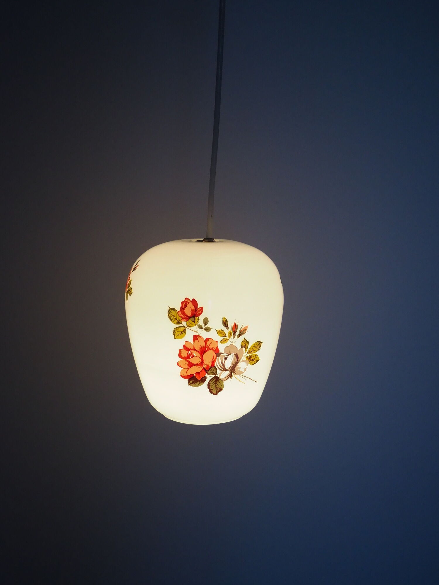 White opaline pendant lamp bouquets of roses from the 1970s.
