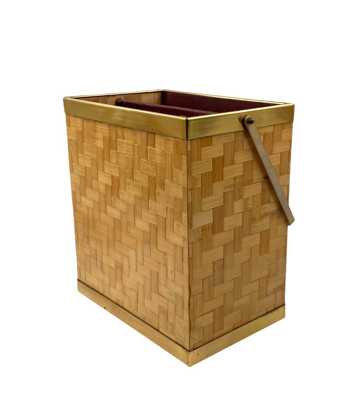 Hollywood regency brass and woven bamboo magazine rack, Metal Linea Nova Italy 1970