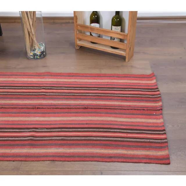 Vintage Turkish hand-knotted wool cotton red kilim runner rug 75x312