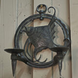 Pair of carved metal wall lamps signed RG