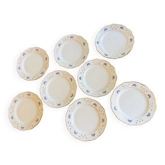 Set of 8 flat plates l'Amandinoise blue flowers and gilding