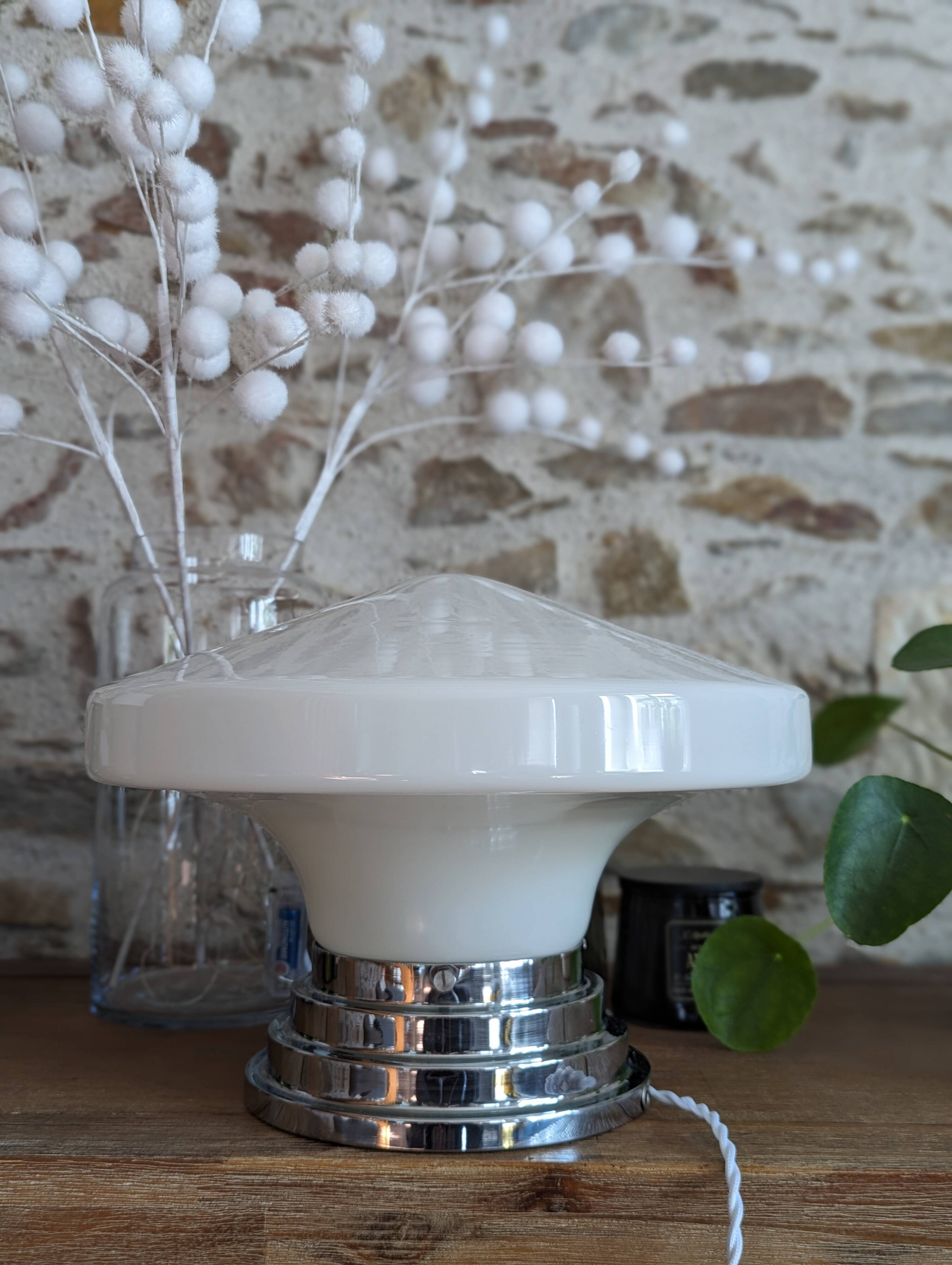 Ancien grand plafonnier skyscraper lampe à poser opaline Bahaus Art déco 1930 Ø 31 cm