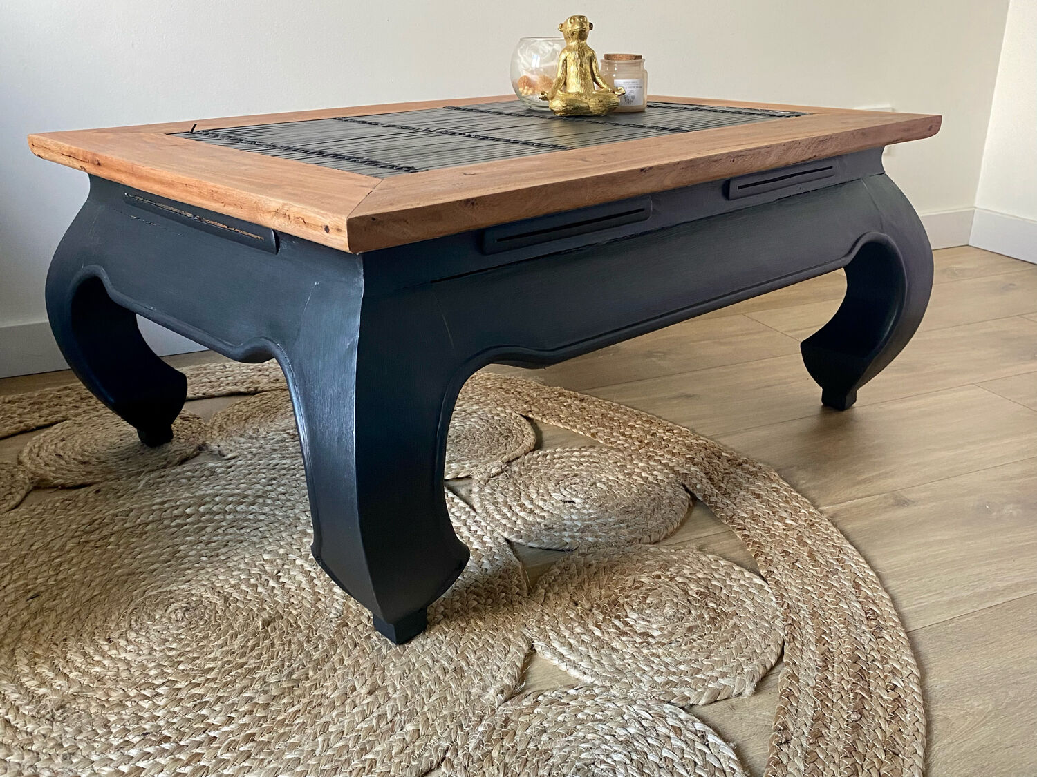 Black Opium and wood coffee table