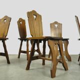 Vintage brutalist oak handmade farmhouse dining chairs, 1930s