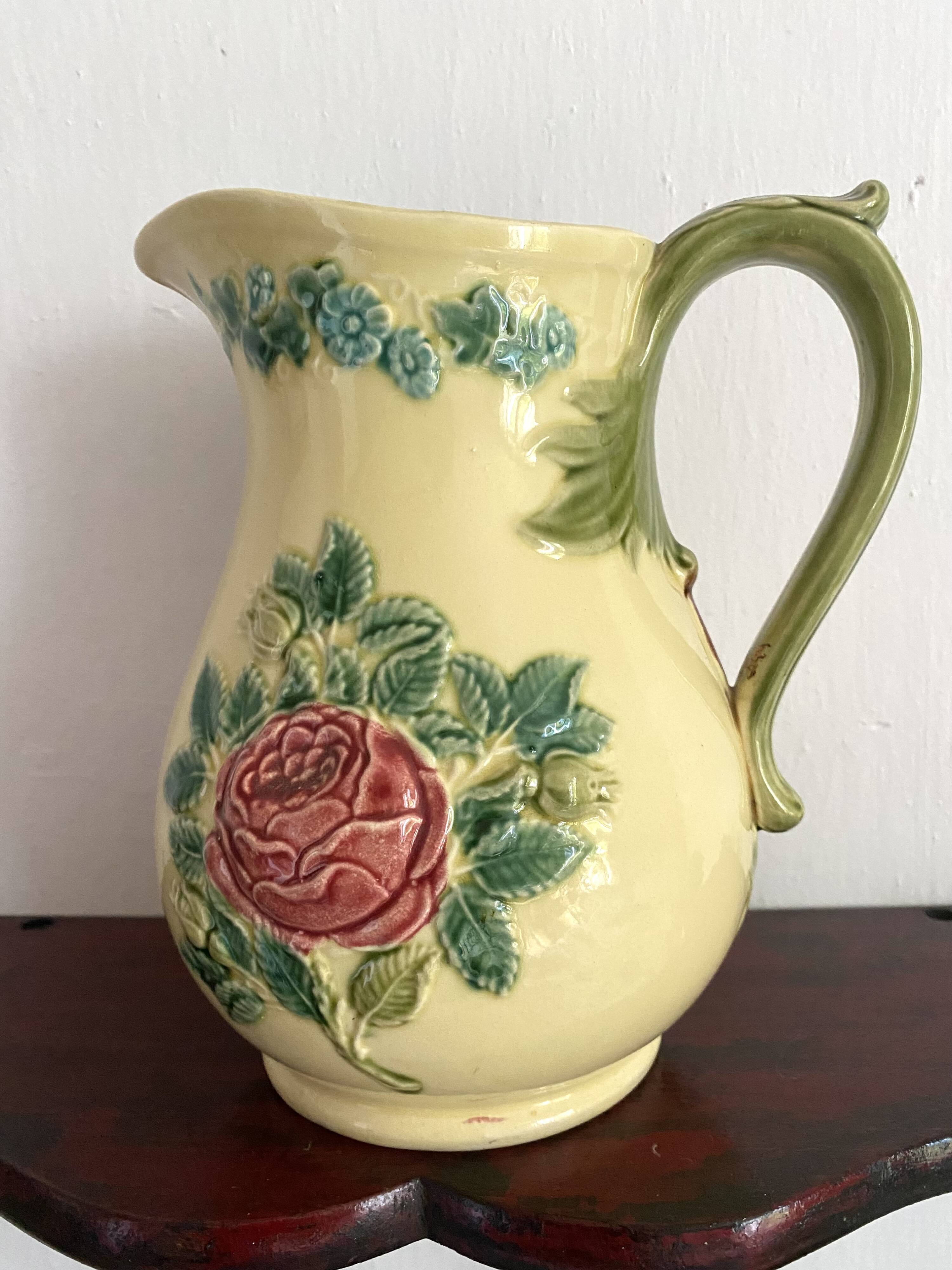 Luneville slip pitcher, Rose decor