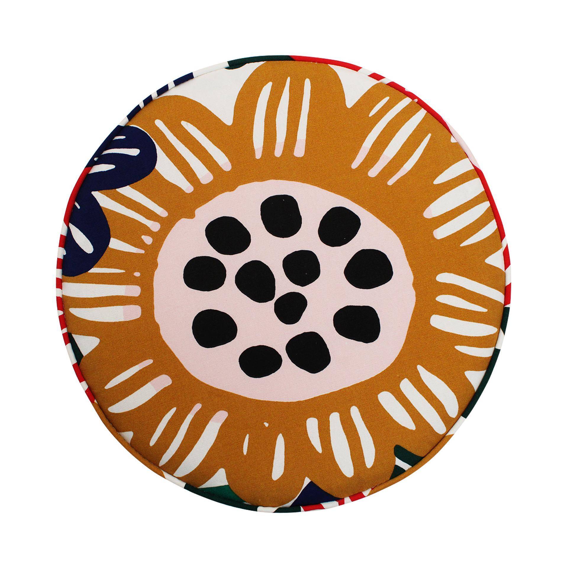 Contemporary Multicolour Floral-patterned Fabric and Brass Italian Circular Pouf