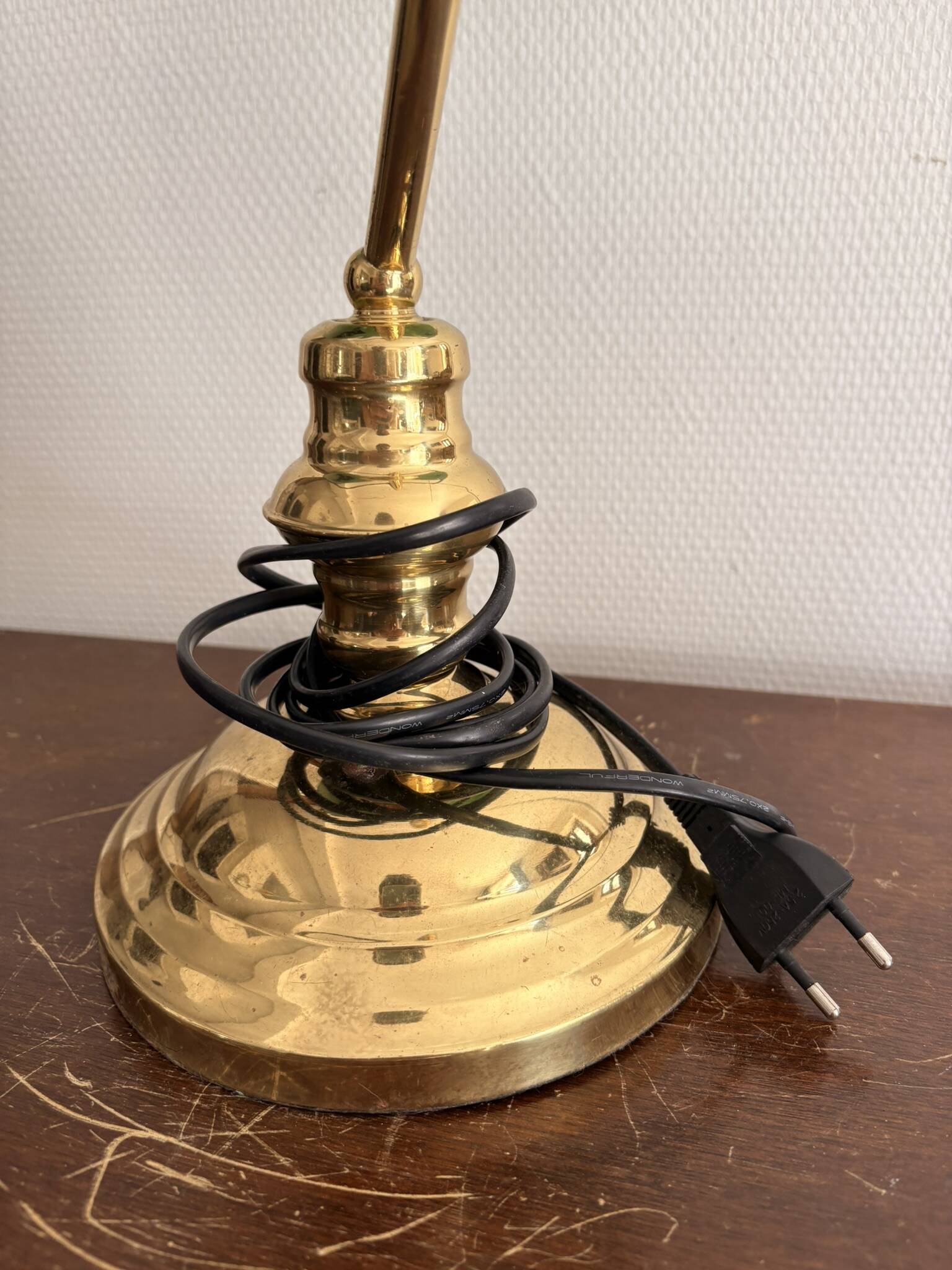 Ancien Lampe Notaire Banquier Bureau Opaline Vert Laiton Doré