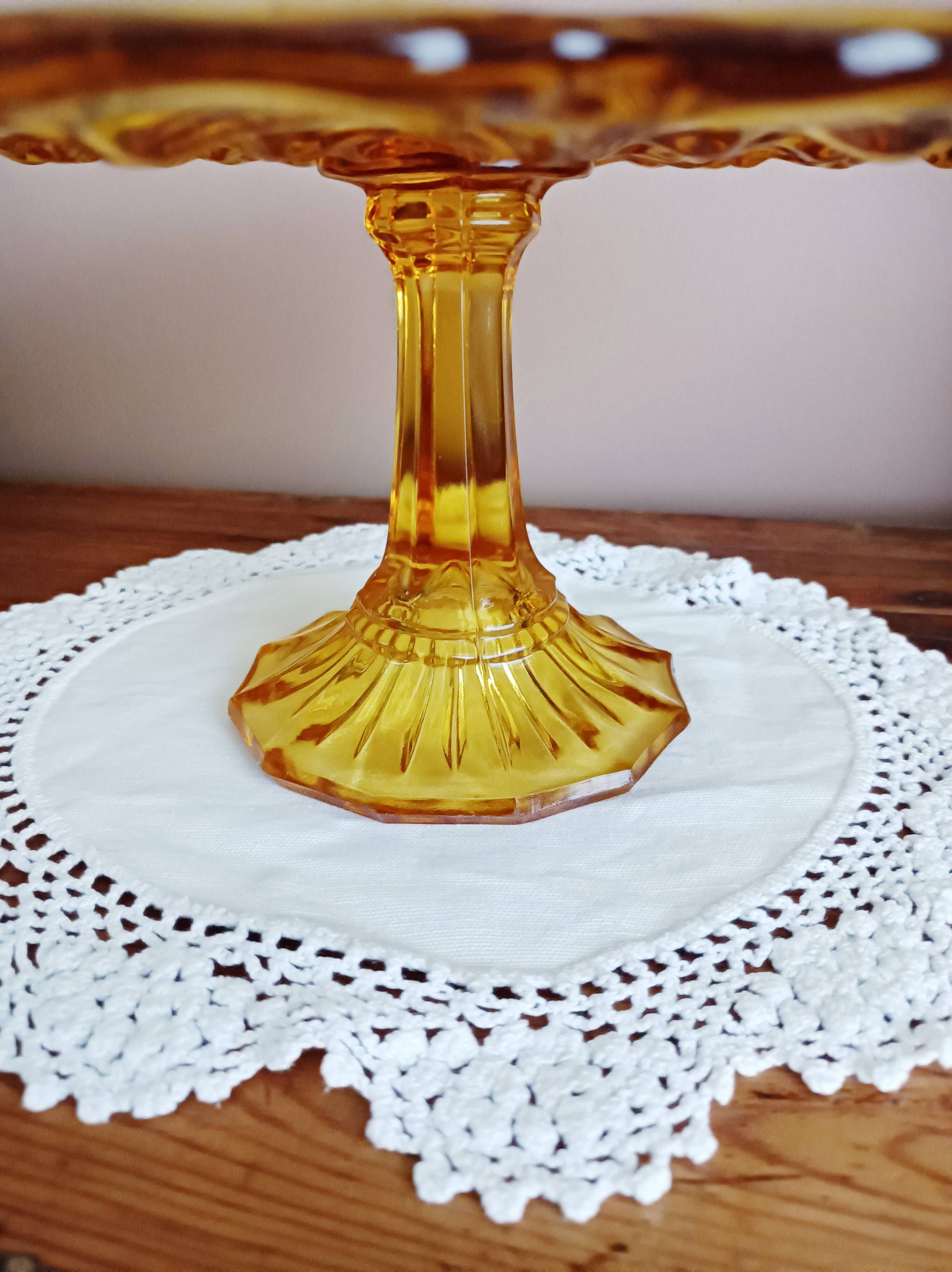 Cake stand, glass pedestal plate Bernsdorf depression style