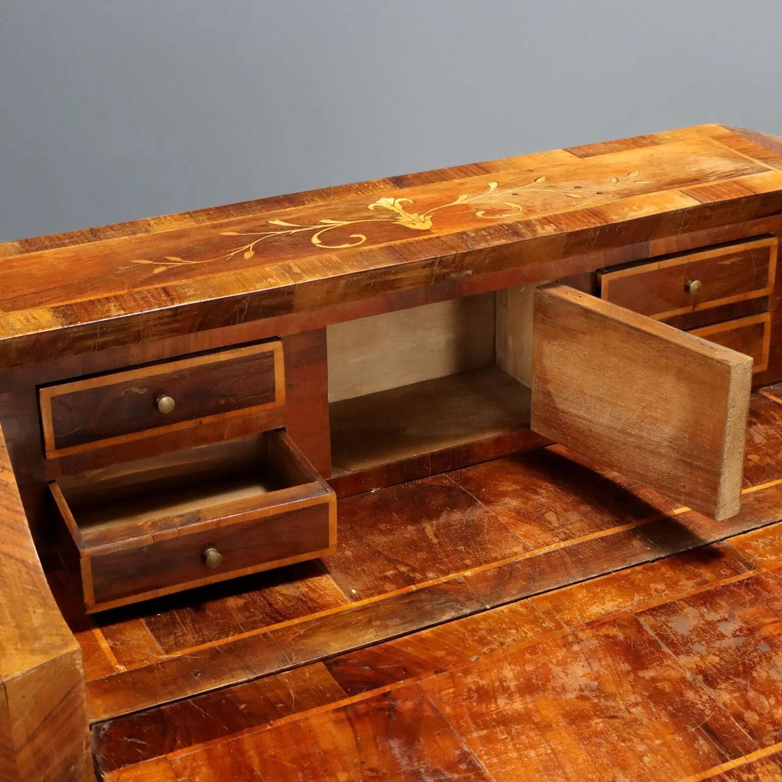 Antique walnut secretary cabinet with drop-down front, 2 drawers, Italy, 20th century.