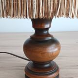 Vintage Italian table lamp in turned wood and leather lampshade