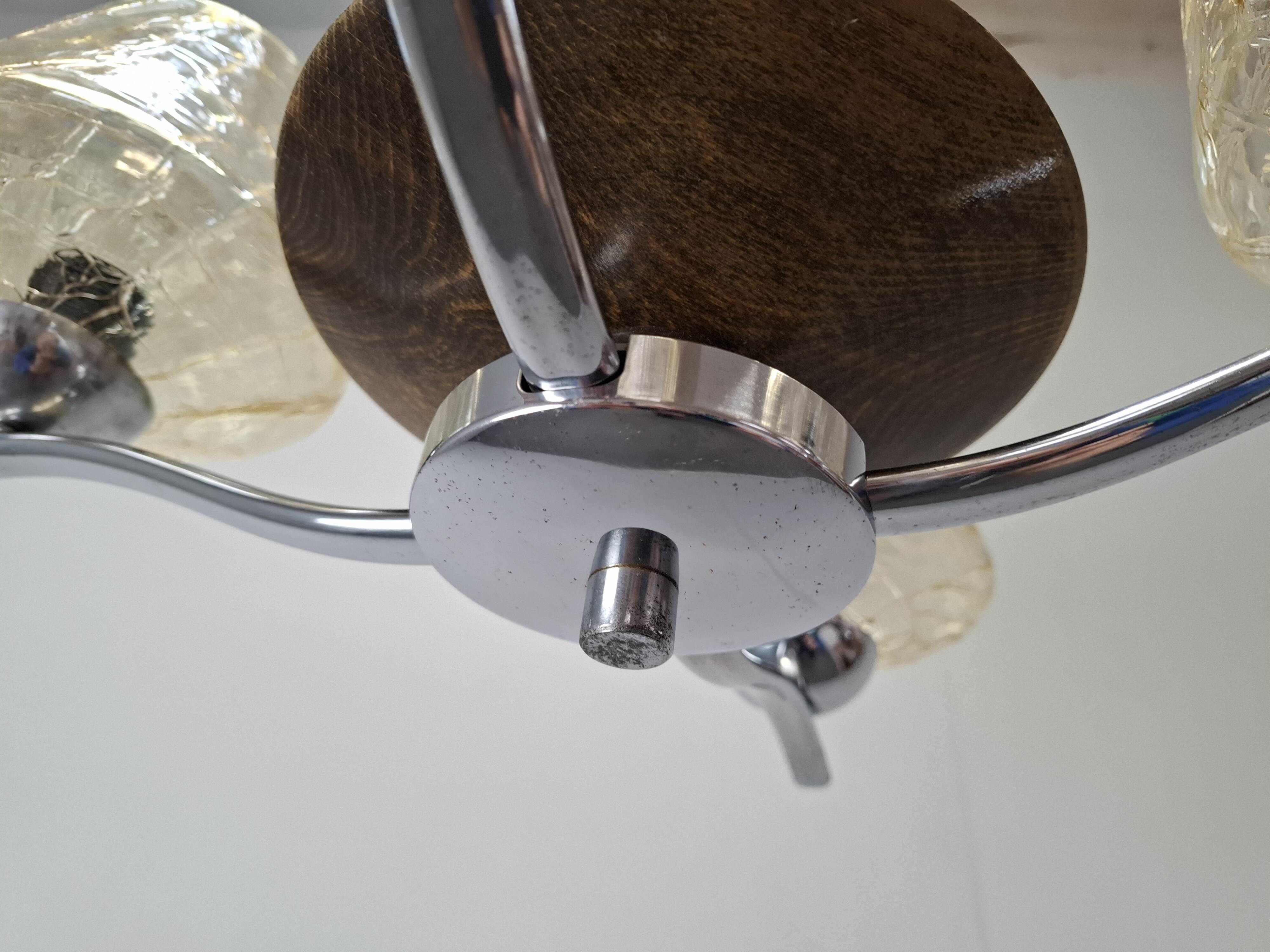 1960s Napako Mid-Century Modern Czech Four-Arm Glass Wood Chrome Chandelier