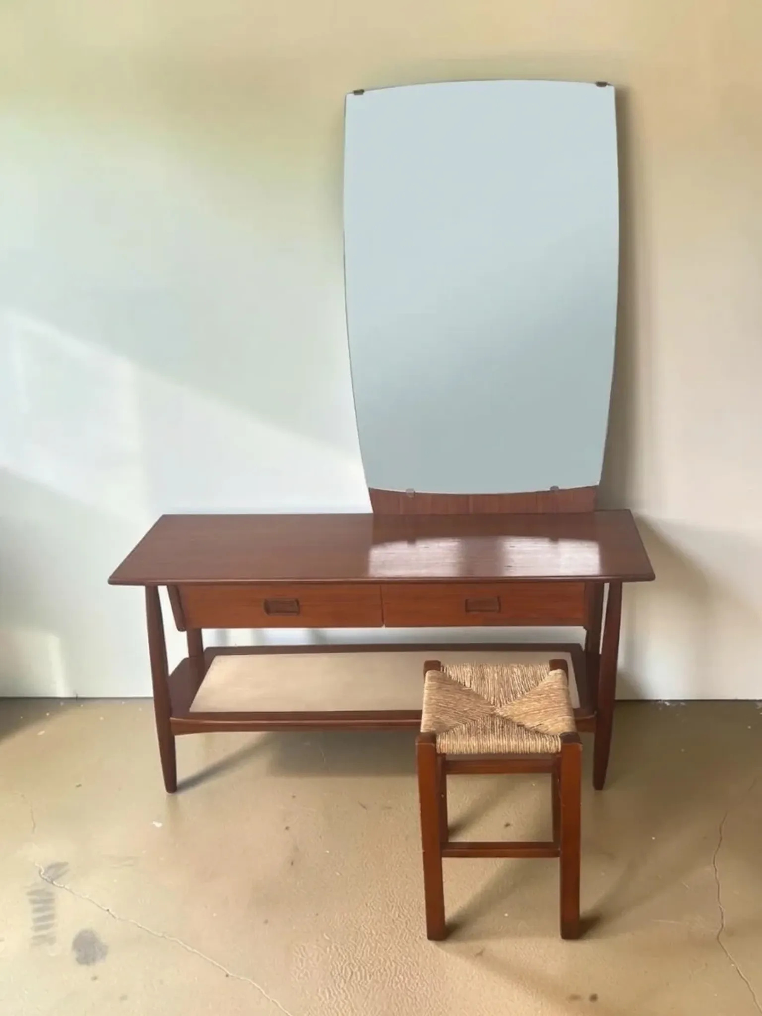 Vintage teak dressing table with mirror and drawers.