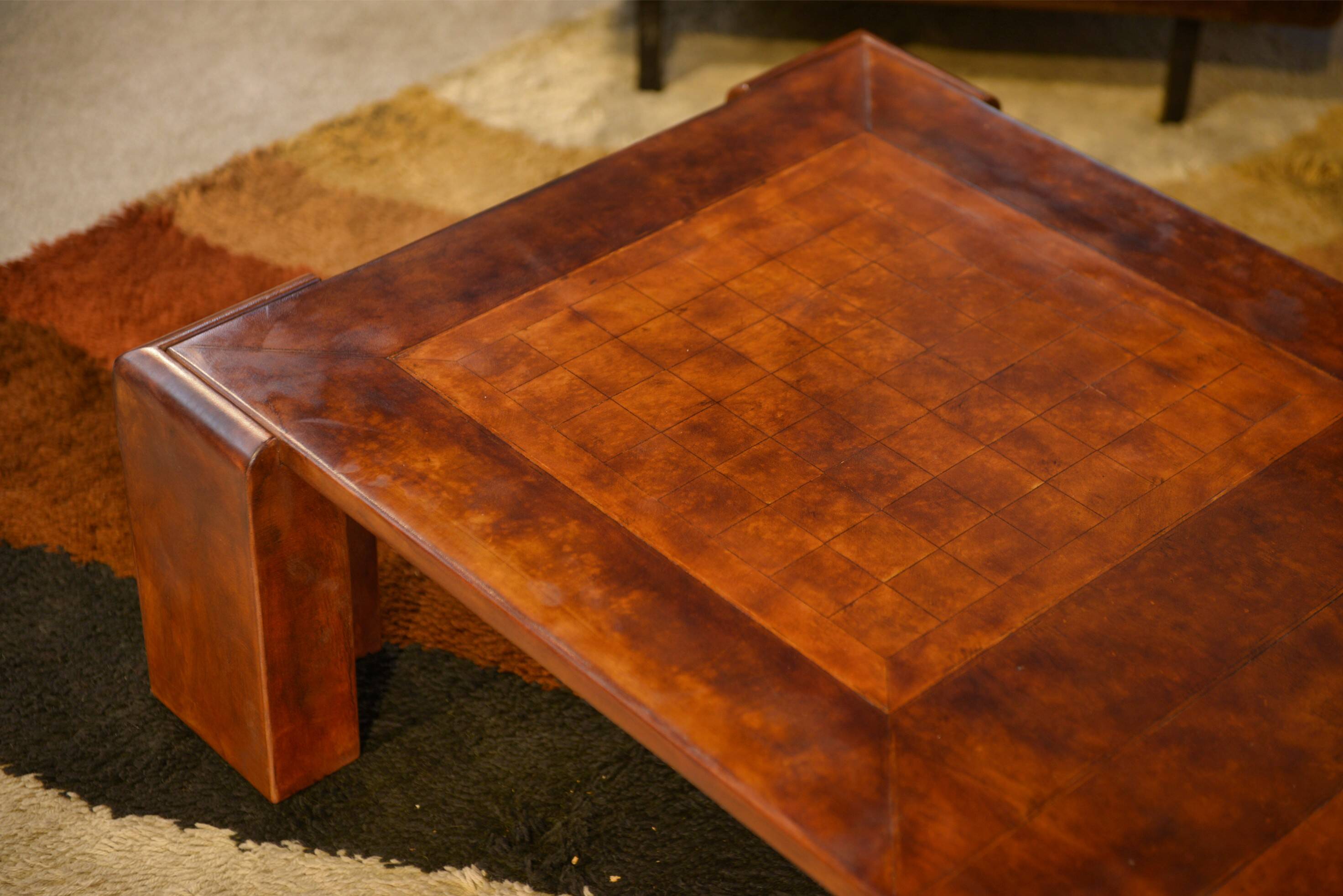 Patinated leather coffee table from the 1950s.