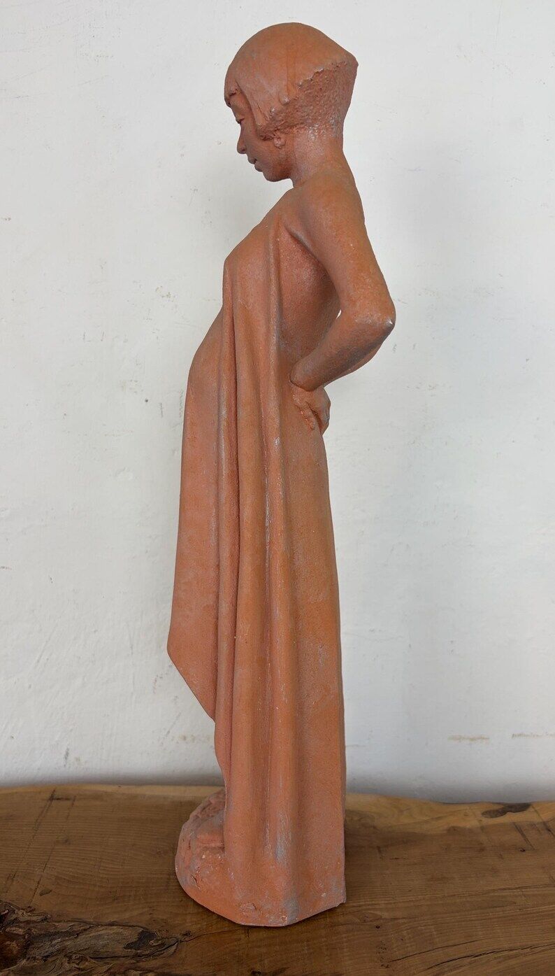 Vintage Terracotta Pregnant Woman Sculpture – Mid-Century Style Maternity Art Figurine