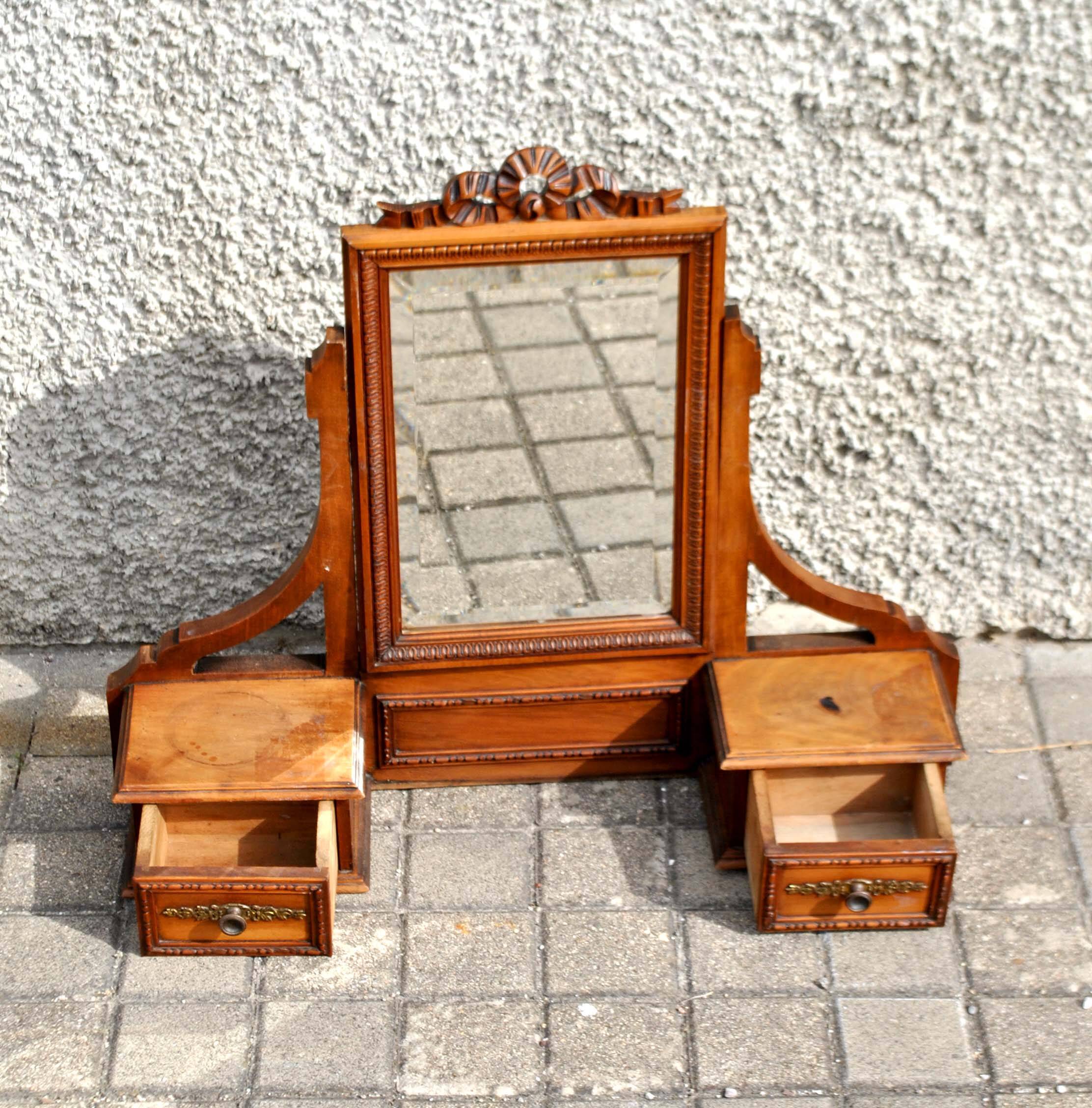 Carved wooden table mirror with ribbon bow - Old Psyche dressing table