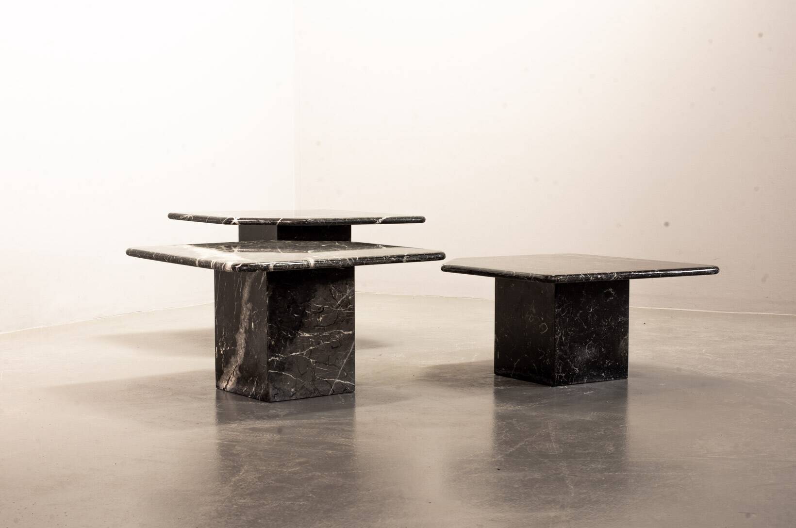 Italian Trio of Black Carrara Marble Side Tables with Oblique Angle, 1970s.
