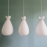 Set of 3 Scandinavian pendant lights in white satin glass, 1960s