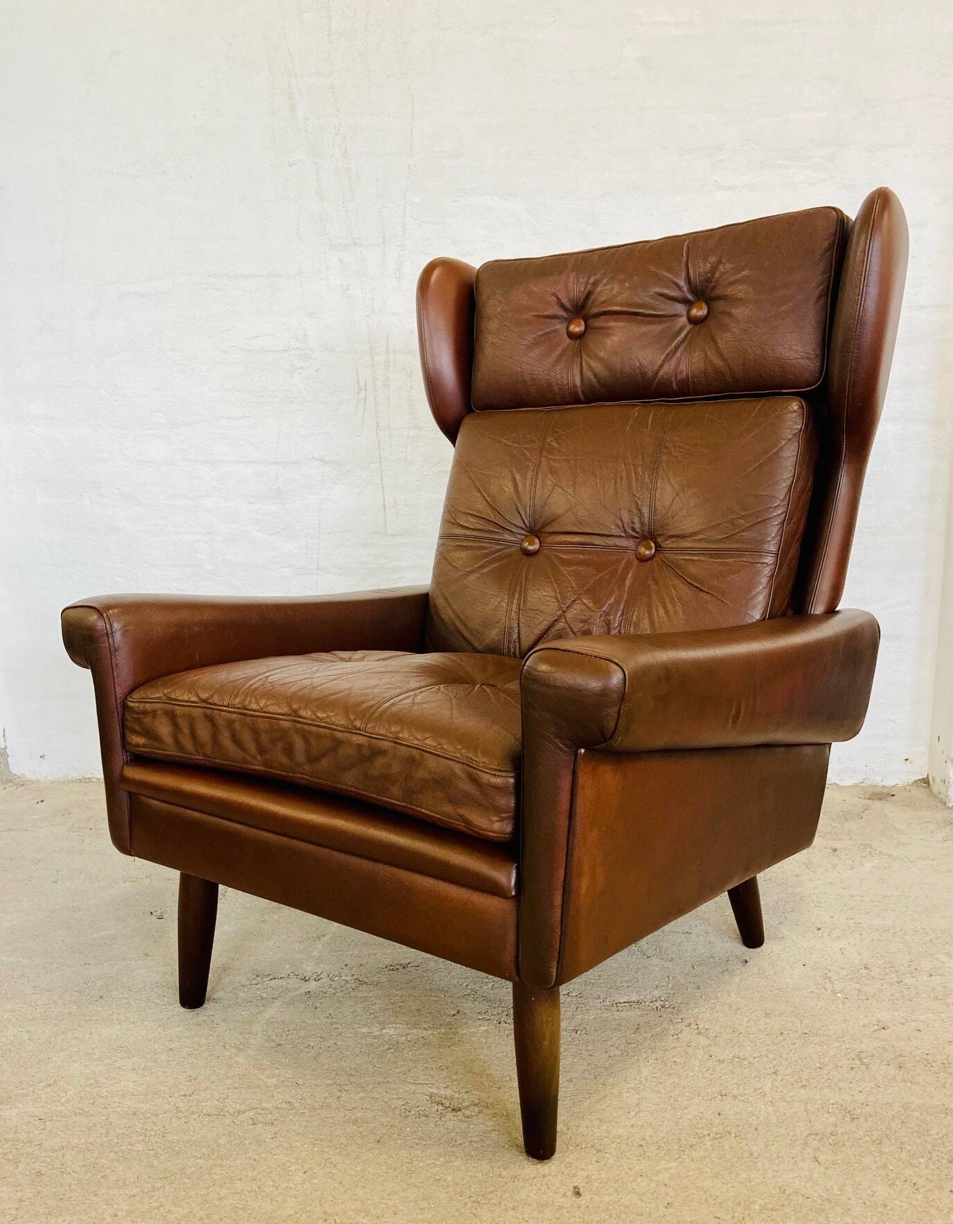 Vintage danish retro mid-century svend skipper cognac leather chair & stool 60s
