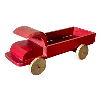 Red wooden flatbed truck, vintage toy