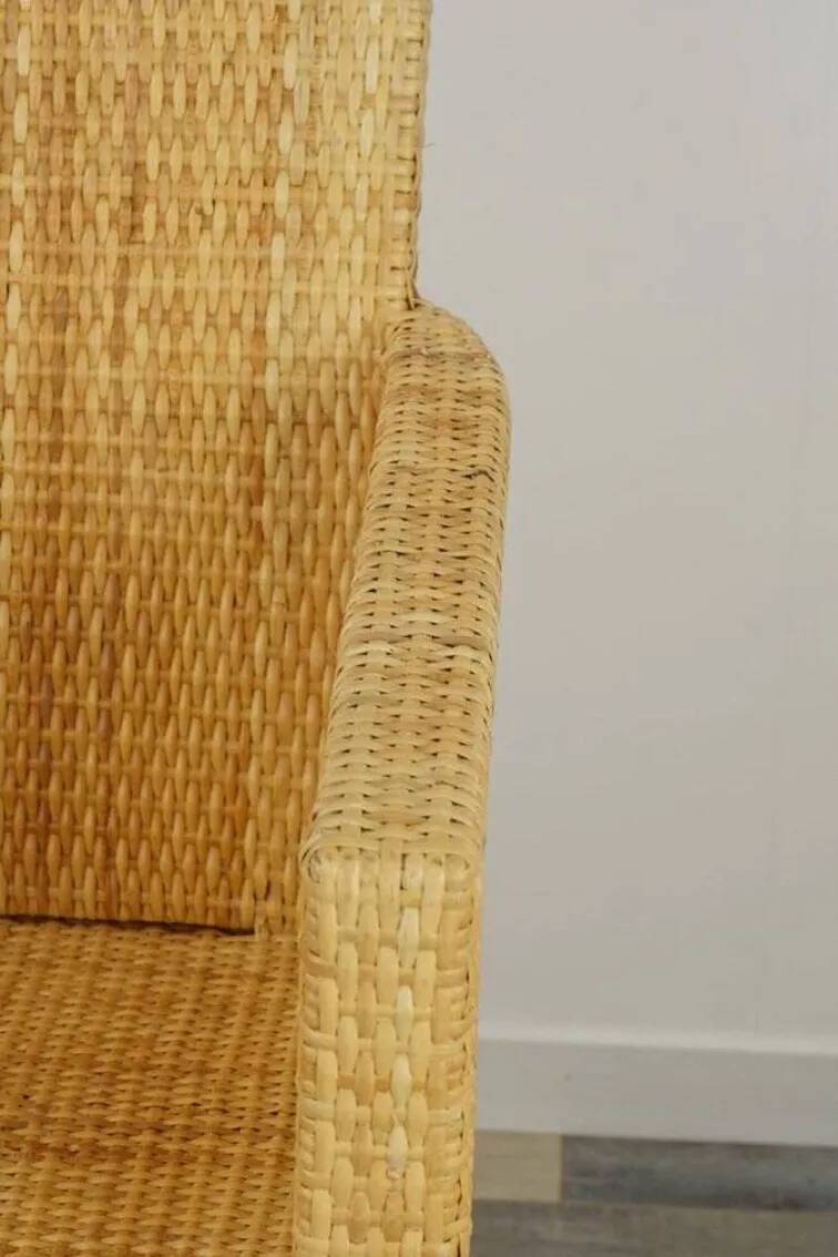 Bridge-style armchair in wood and woven rattan