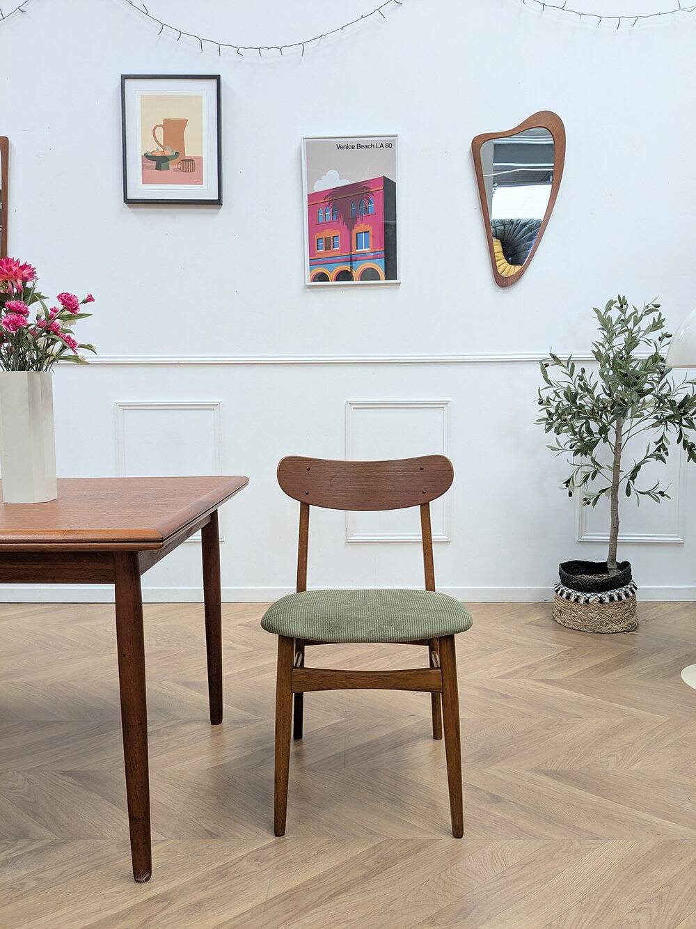 Chaise scandinave teck & tissu vert
