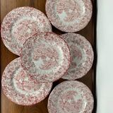 Set of 6 English flat plates, red tones