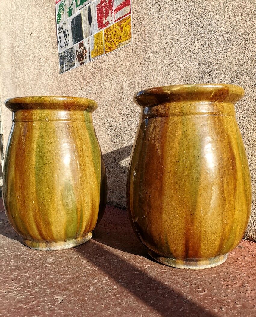 Pair of Provençal enamelled terracotta jars