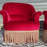 2 antique toad armchairs in red velvet