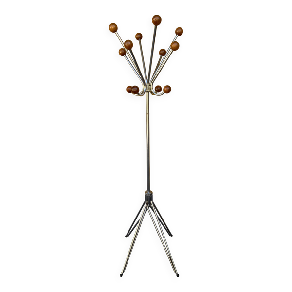 Portemanteau en chrome et bois, années 60-70