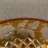 Very beautiful covered pot, crystal urn with cut and tinted decoration, bohemian twentieth