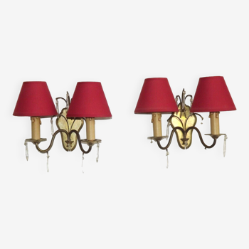 Pair French Vintage Brass Double Wall Lights Crystal Droplets & Red Shades 4754