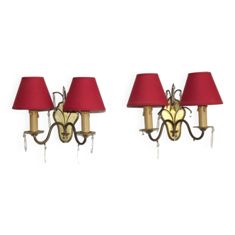 Pair French Vintage Brass Double Wall Lights Crystal Droplets & Red Shades 4754