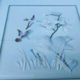 Two vintage paintings made with feathers, hummingbird motif
