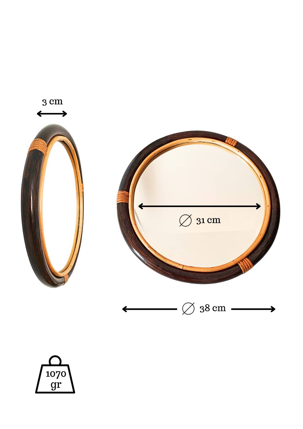 Miroir rond en bambou des années 1970