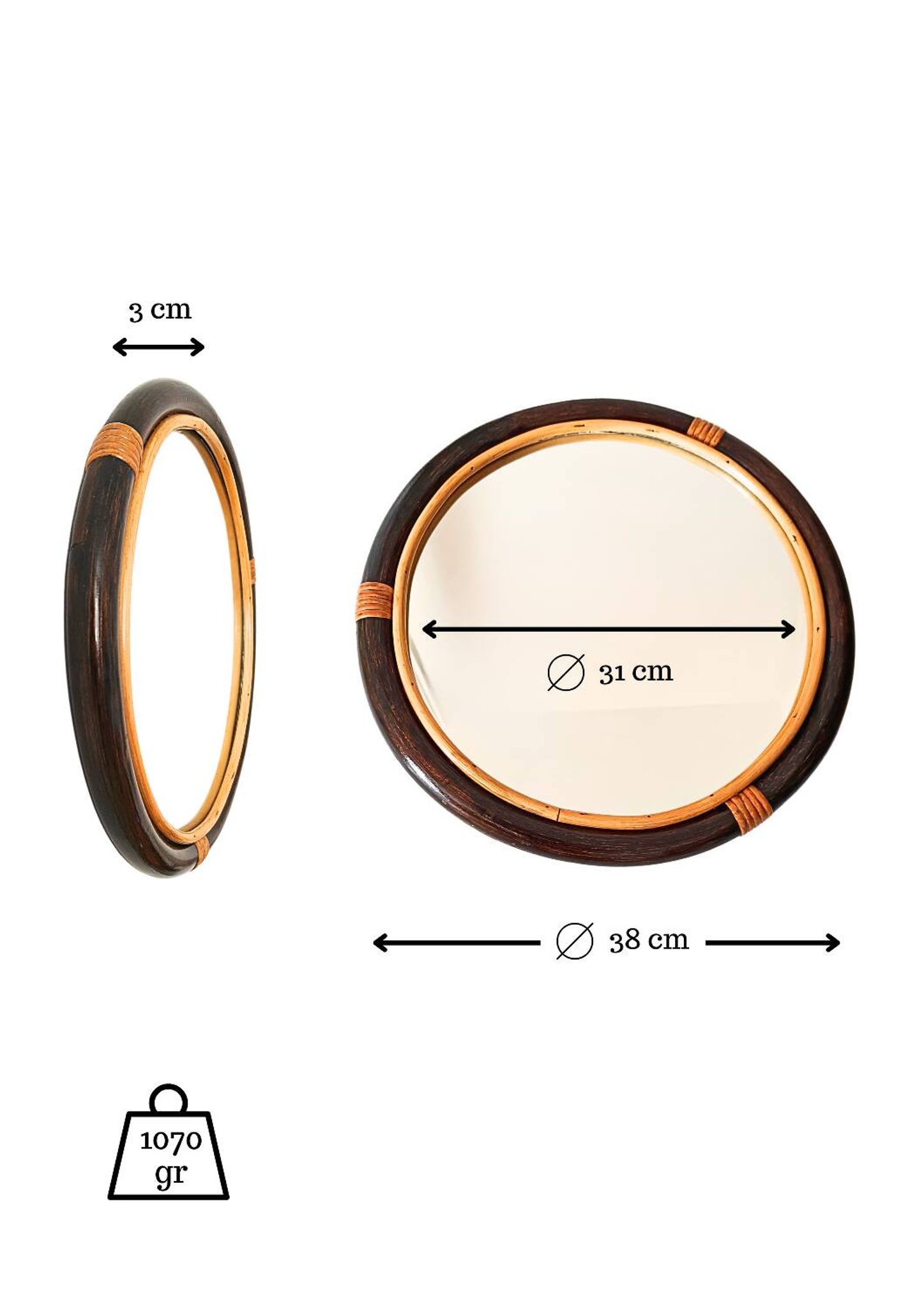 Miroir rond en bambou des années 1970