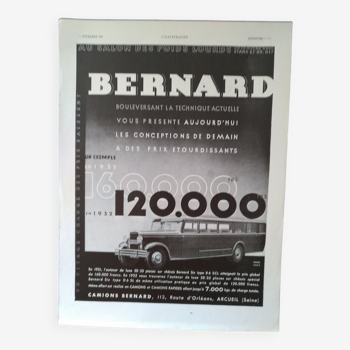 Une publicité papier  bus camion marque Bernard issue d'une revue d'époque  1931