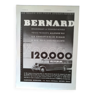 Une publicité papier  bus camion marque Bernard issue d'une revue d'époque  1931