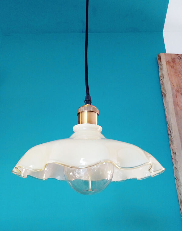 Suspension brass opaline lace beige glass