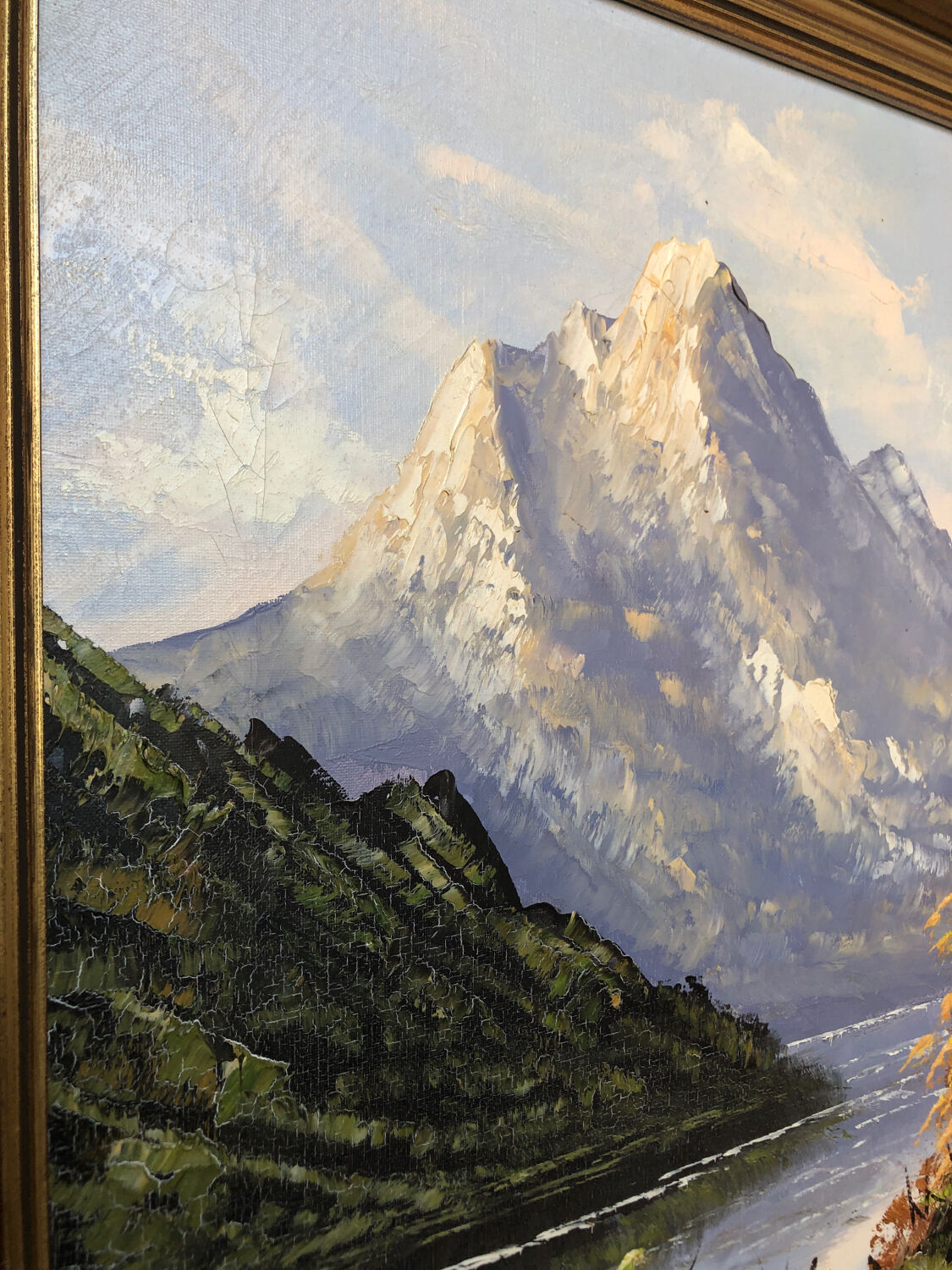 Tableau huile sur toile l. guerny vue rivière en montagne avec cadre doré