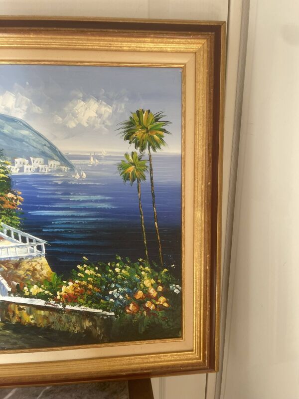 Ancien Tableau Peinture Huile Cadre Doré Provence Méditerranée Italie