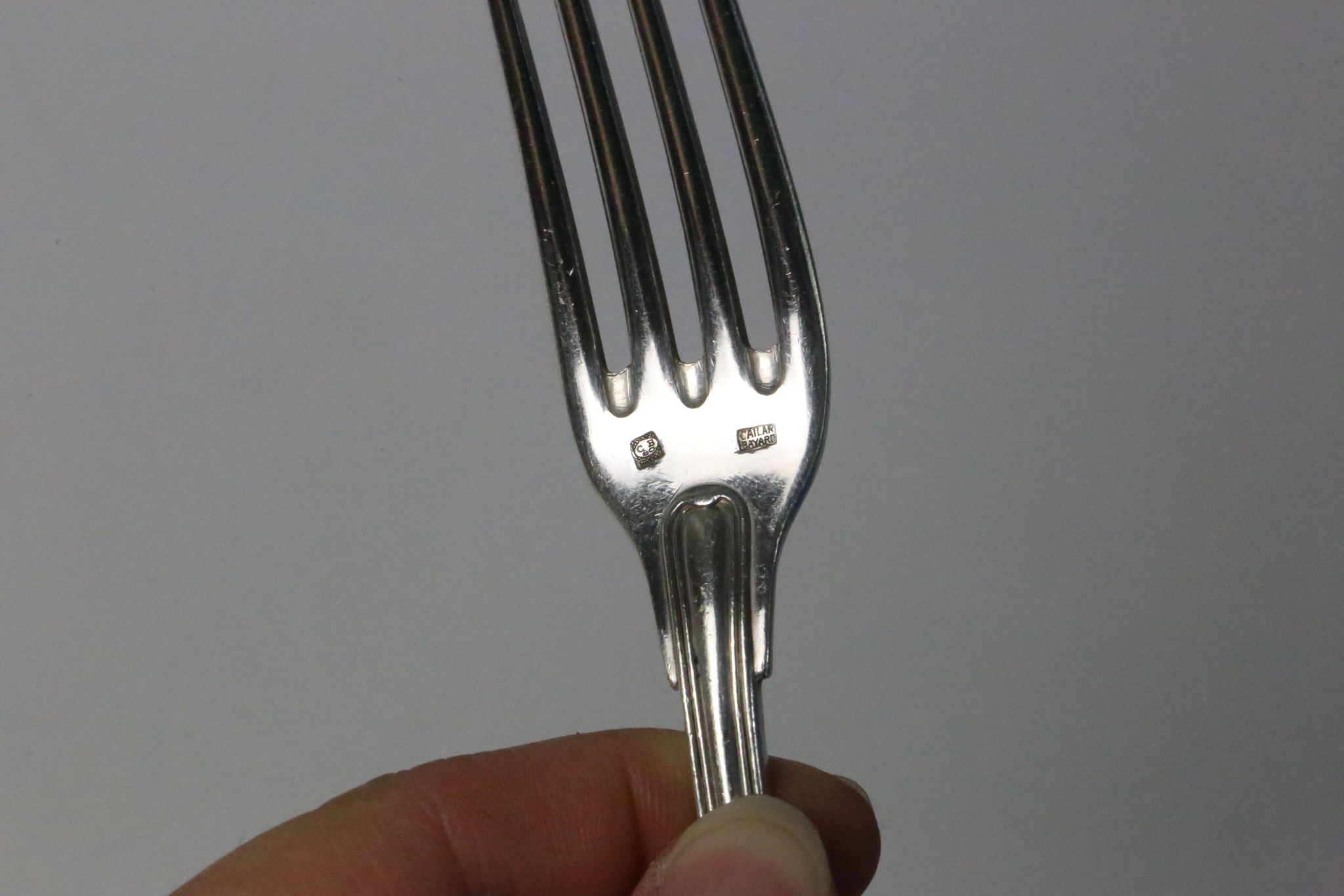 Set of 6 Cailar Bayard dessert forks, Coquille, monogrammed, early 20th century