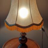 Solid wood table lamp turned rustic chic, beige and golden pagoda lampshade - 60s