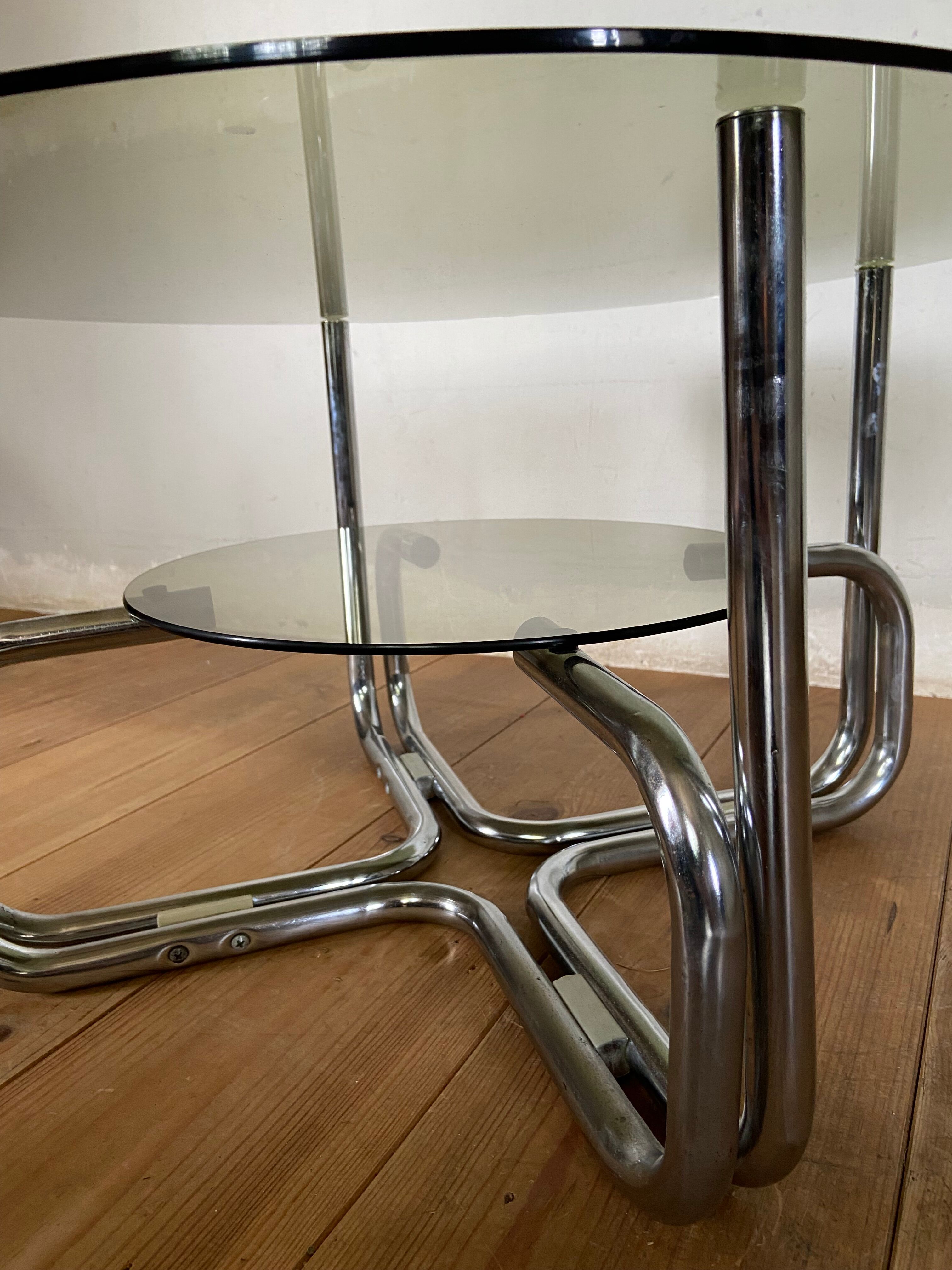 Coffee table chrome and smoked glass round 70s space age