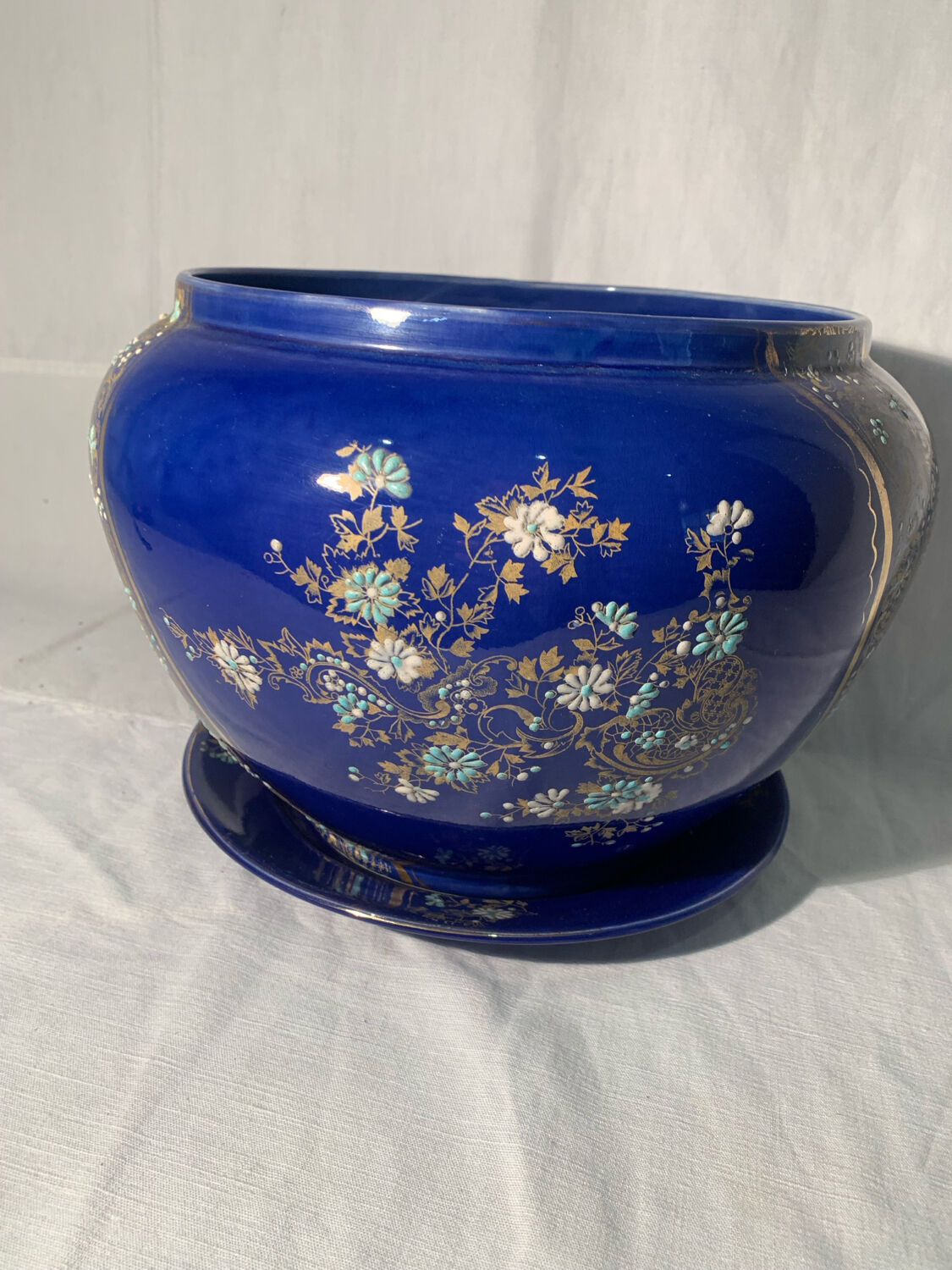 Antique blue flowerpot, ceramic, Art Nouveau earthenware circa 1900