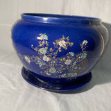 Antique blue flowerpot, ceramic, Art Nouveau earthenware circa 1900